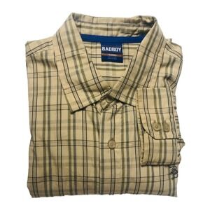 VTG BADBOY Tan w/ Blue Green Check L/S Embroidered Button‎ Down Mens Size XL